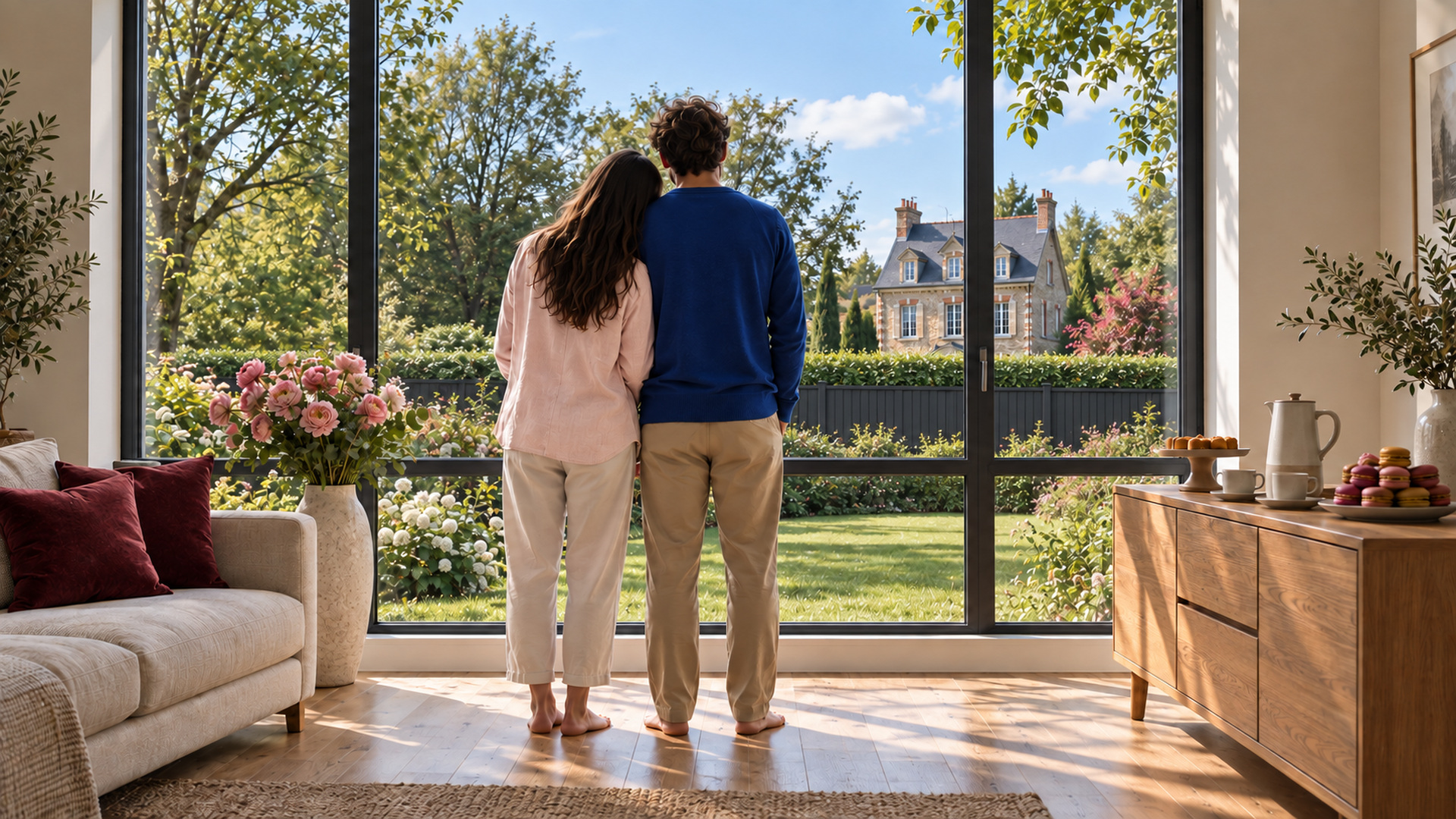 Couple à la baie, meulière au fond du jardin