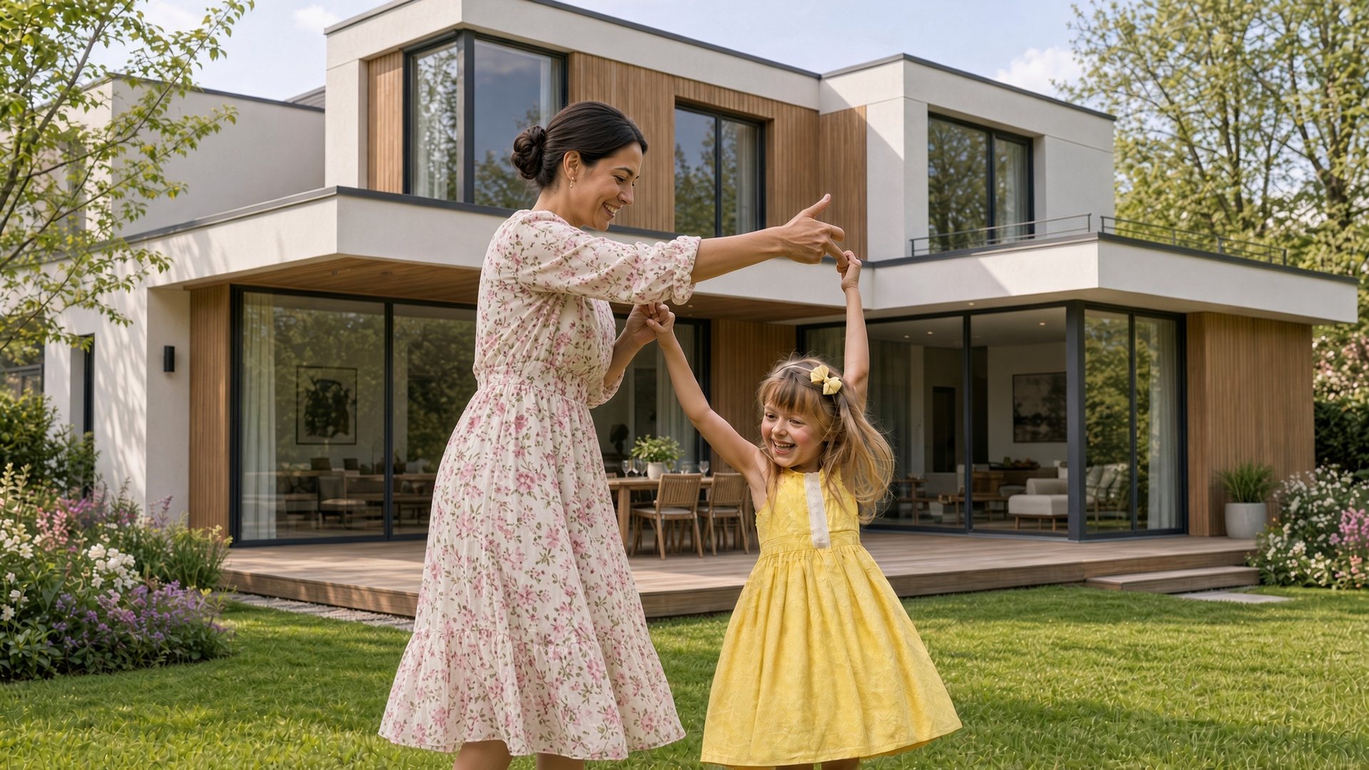 Mère et fille, maison contemporaine