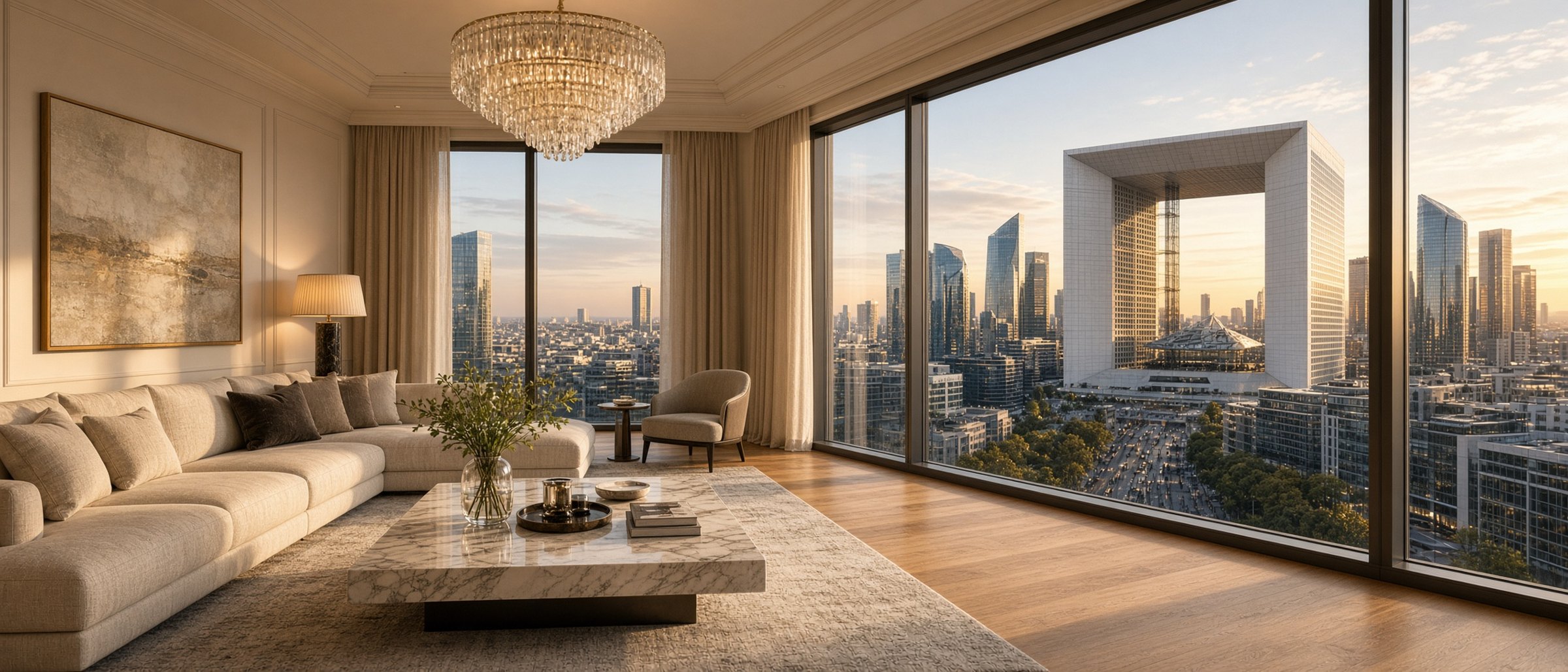 Salon d’un appartement dernier étage avec vue sur l’Arche de La Défense