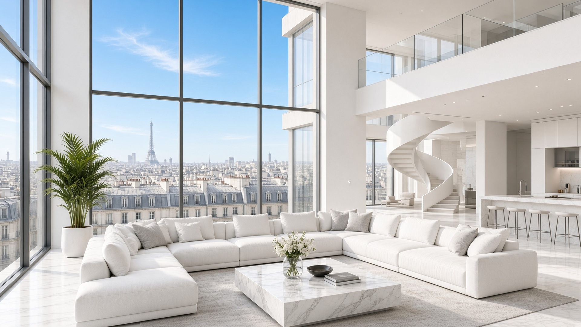 Loft duplex, salon et ciel bleu