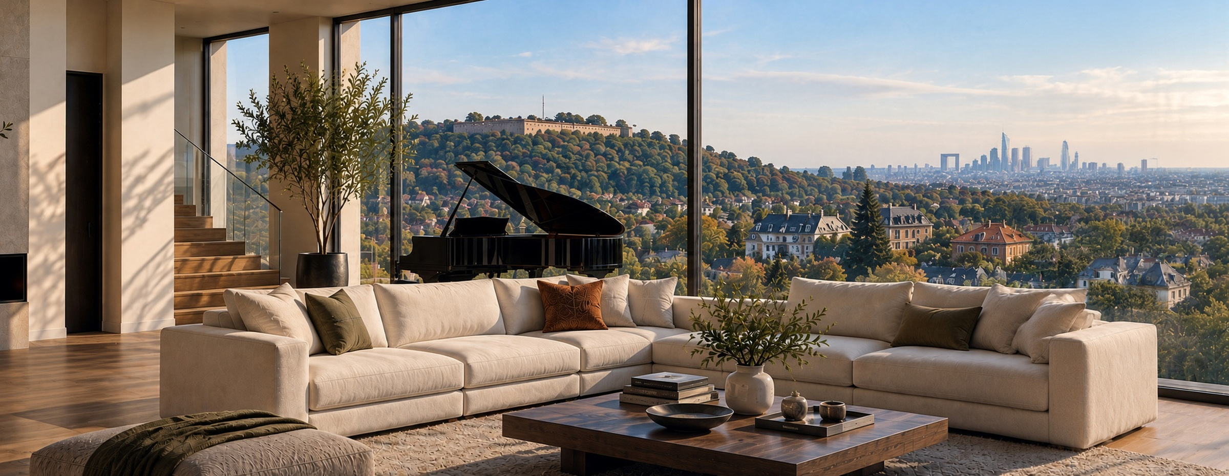 Salon double hauteur avec vue sur le Mont-Valérien et La Défense
